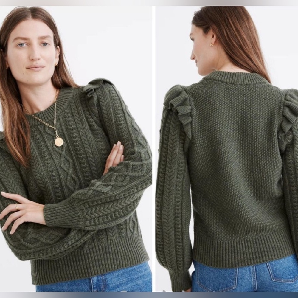 Madewell Hollydene Ruffle-Shoulder Pullover Sweater in Heather Thyme Green.